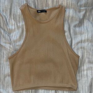 Zara Seamless Beige Ribbed Crop Tank Top